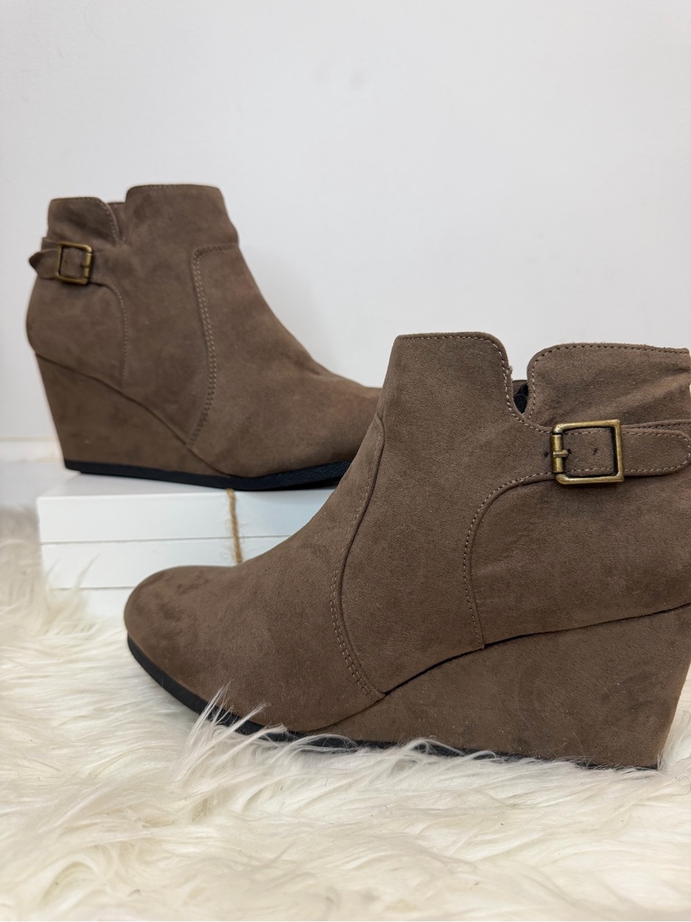Women's Taupe Suede Wedge Booties with Buckle